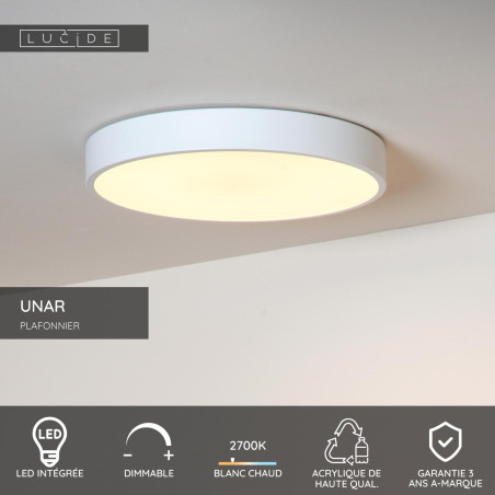 Lucide UNAR - Plafonnier - Ø 39,5 cm - LED 3 StepDim - 1x24W 2700K - Blanc