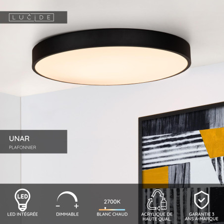 Lucide UNAR - Plafonnier - Ø 49,5 cm - LED 3 StepDim - 1x36W 2700K - Noir