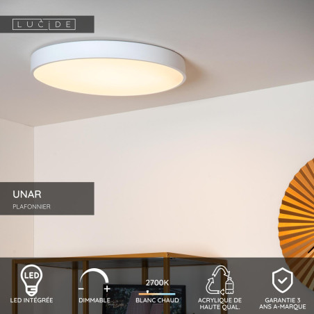 Lucide UNAR - Plafonnier - Ø 49,5 cm - LED 3 StepDim - 1x36W 2700K - Blanc