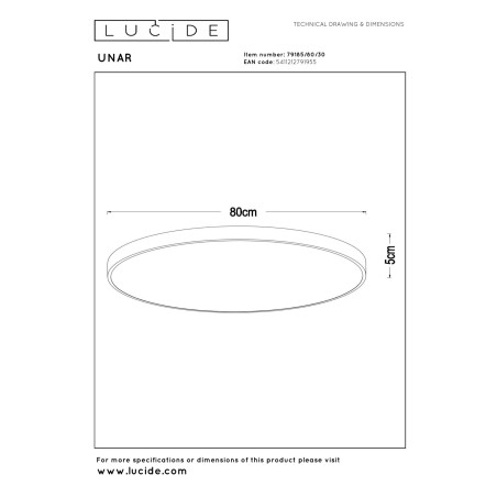 Lucide UNAR - Plafonnier - Ø 80 cm - LED 3 StepDim - 1x80W 2700K - Noir
