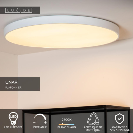 Lucide UNAR - Plafonnier - Ø 80 cm - LED 3 StepDim - 1x80W 2700K - Blanc