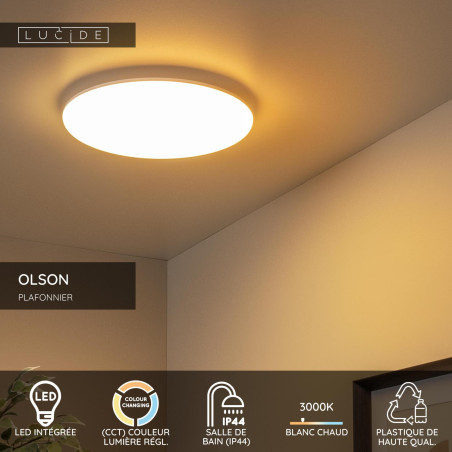 Lucide OLSON - Plafonnier Salle de bains - Ø 35 cm - LED - CCT - 1x36W 3000K/6500K - IP44 - Opalin