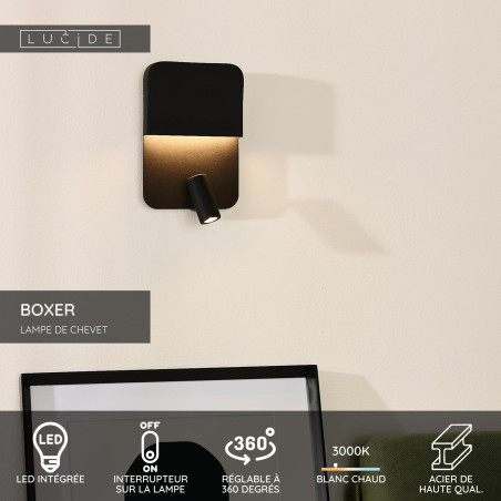 Lucide BOXER - Lampe de chevet / Applique mural - LED - 3000K - Point de rechargement USB - Noir
