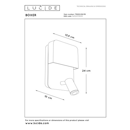Lucide BOXER - Lampe de chevet / Applique mural - LED - 3000K - Point de rechargement USB - Noir