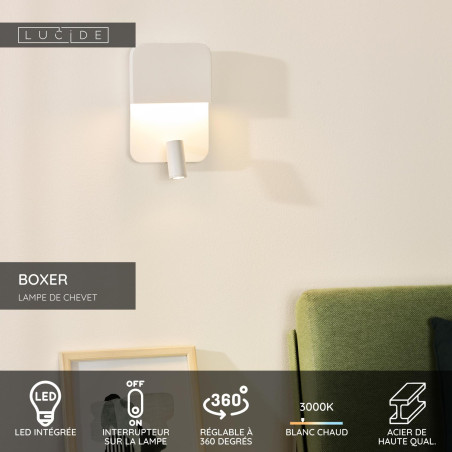 Lucide BOXER - Lampe de chevet / Applique mural - LED - 3000K - Point de rechargement USB - Blanc