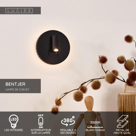 Lucide BENTJER - Lampe de chevet / Applique mural - Ø 14 cm - LED - 3000K - Noir