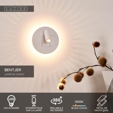 Lucide BENTJER - Lampe de chevet / Applique mural - Ø 14 cm - LED - 3000K - Blanc