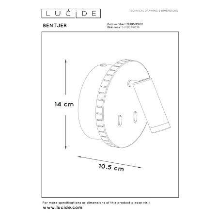 Lucide BENTJER - Lampe de chevet / Applique mural - Ø 14 cm - LED - 3000K - Blanc
