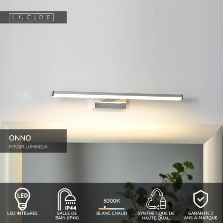 Lucide ONNO - Miroir lumineux Salle de bains - LED - 1x8W 3000K - IP44 - Chrome Dépoli