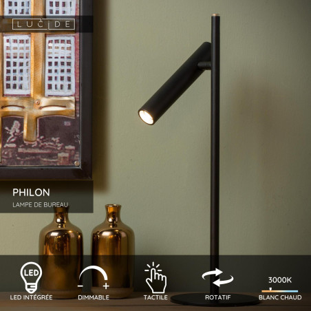 Lucide PHILON - Lampe de bureau - Ø 13 cm - LED Dim. - 1x4,5W 3000K - Noir