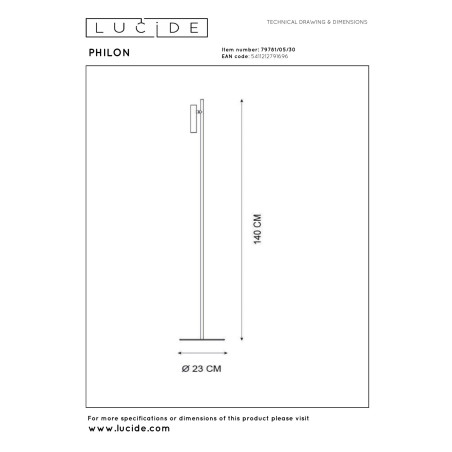 Lucide PHILON - Lampadaire / lampe de lecture - Ø 23 cm - LED Dim. - 1x4,5W 3000K - Noir
