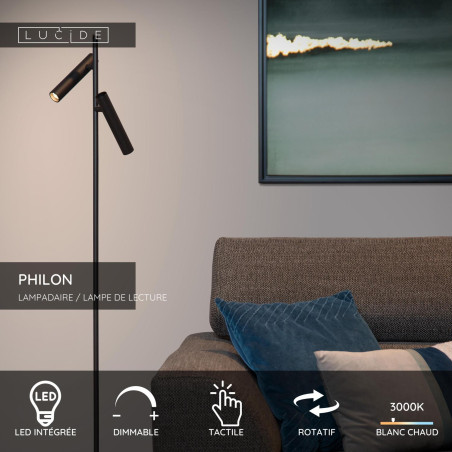 Lucide PHILON - Lampadaire / lampe de lecture - Ø 23 cm - LED Dim. - 2x4,5W 3000K - Noir