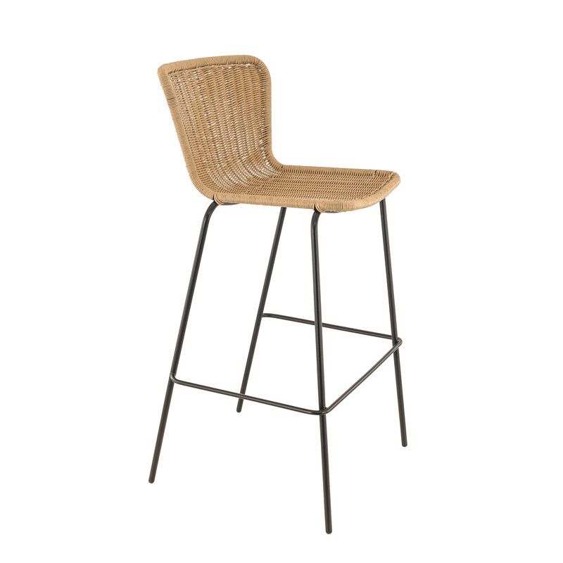 TABOURET DE RESTAURANT LOYD | MÉTAL NOIR | PE ROTIN NATUREL, empilable, extérieur