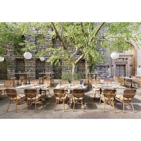 CHAISE DE RESTAURANT DAX | ALUMINIUM BAMBOO LOOK CARAMEL | PE ROTIN NOISETTE, empilable, extérieur