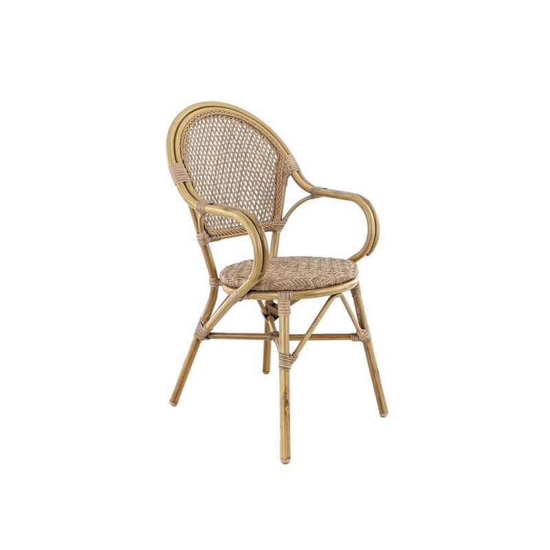 Fauteuil de terrasse ROCHELLE empilable d'extérieur - Aluminium effet bambou caramel, tressage PE imitation rotin noisette
