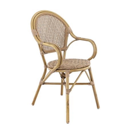 Fauteuil de terrasse ROCHELLE empilable d'extérieur - Aluminium effet bambou caramel, tressage PE imitation rotin noisette
