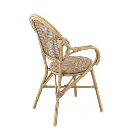 Fauteuil de terrasse ROCHELLE empilable d'extérieur - Aluminium effet bambou caramel, tressage PE imitation rotin noisette