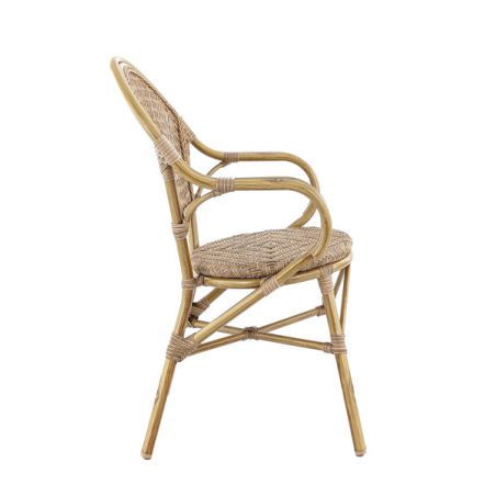 Fauteuil de terrasse ROCHELLE empilable d'extérieur - Aluminium effet bambou caramel, tressage PE imitation rotin noisette