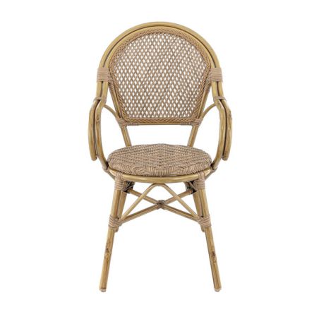 Fauteuil de terrasse ROCHELLE empilable d'extérieur - Aluminium effet bambou caramel, tressage PE imitation rotin noisette