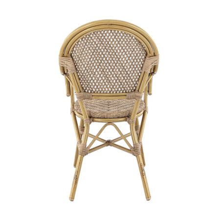 Fauteuil de terrasse ROCHELLE empilable d'extérieur - Aluminium effet bambou caramel, tressage PE imitation rotin noisette