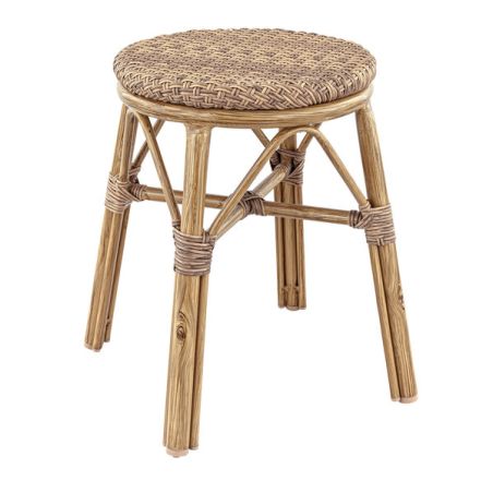 Tabouret de cuisine BREST empilable d'extérieur - Aluminium effet bambou caramel, tressage PE imitation rotin noisette