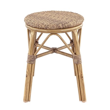 Tabouret de cuisine BREST empilable d'extérieur - Aluminium effet bambou caramel, tressage PE imitation rotin noisette