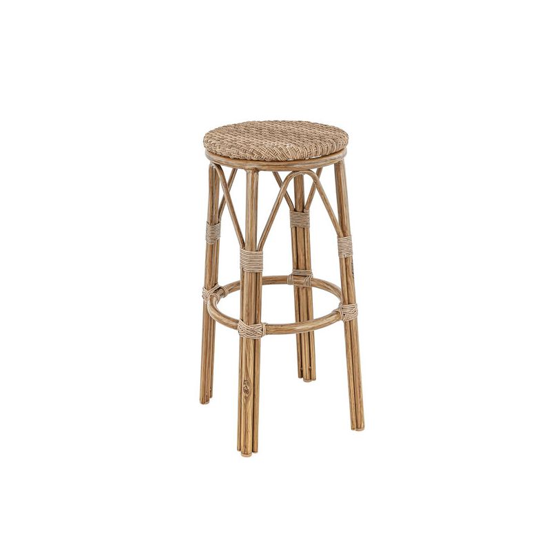 Tabouret de bar LAVAL d'extérieur - Aluminium effet bambou caramel, tressage PE imitation rotin noisette