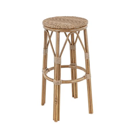 Tabouret de bar LAVAL d'extérieur - Aluminium effet bambou caramel, tressage PE imitation rotin noisette