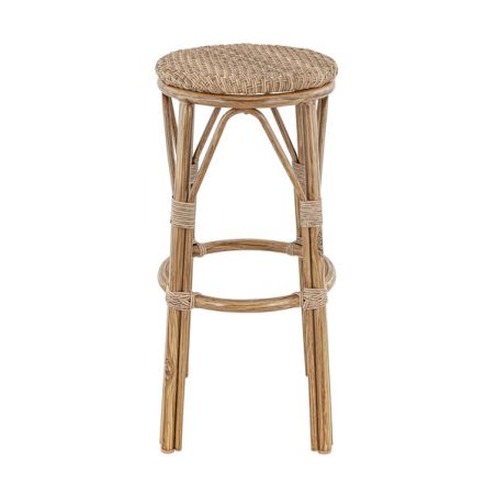 Tabouret de bar LAVAL d'extérieur - Aluminium effet bambou caramel, tressage PE imitation rotin noisette