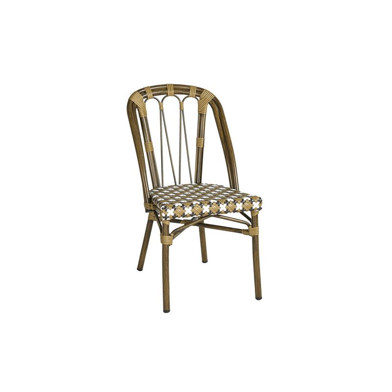 Chaise de terrasse AUTEUIL empilable d'extérieur - Aluminium effet bambou, polyéthylène camel, blanc & brun