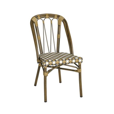 Chaise de terrasse AUTEUIL empilable d'extérieur - Aluminium effet bambou, polyéthylène camel, blanc & brun