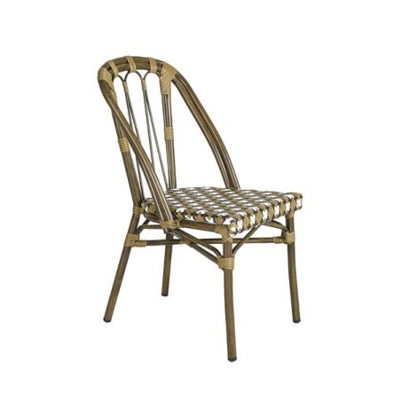 Chaise de terrasse AUTEUIL empilable d'extérieur - Aluminium effet bambou, polyéthylène camel, blanc & brun