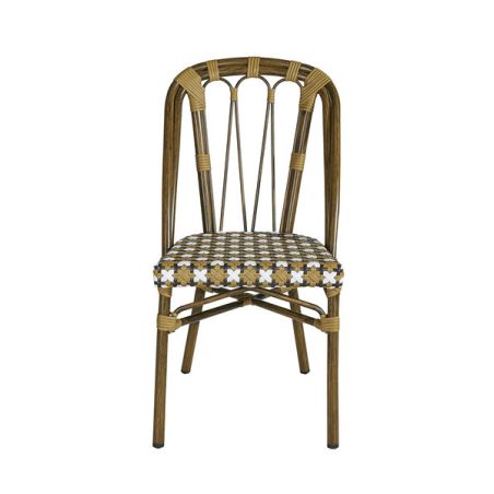 Chaise de terrasse AUTEUIL empilable d'extérieur - Aluminium effet bambou, polyéthylène camel, blanc & brun