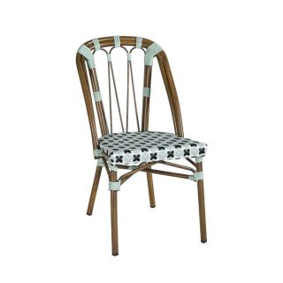 Chaise de terrasse AUTEUIL empilable d'extérieur - Aluminium effet bambou, polyéthylène vert pâle, noir & blanc