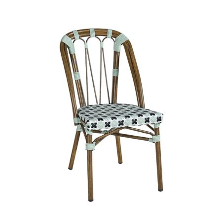 Chaise de terrasse AUTEUIL empilable d'extérieur - Aluminium effet bambou, polyéthylène vert pâle, noir & blanc