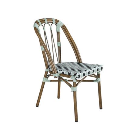 Chaise de terrasse AUTEUIL empilable d'extérieur - Aluminium effet bambou, polyéthylène vert pâle, noir & blanc