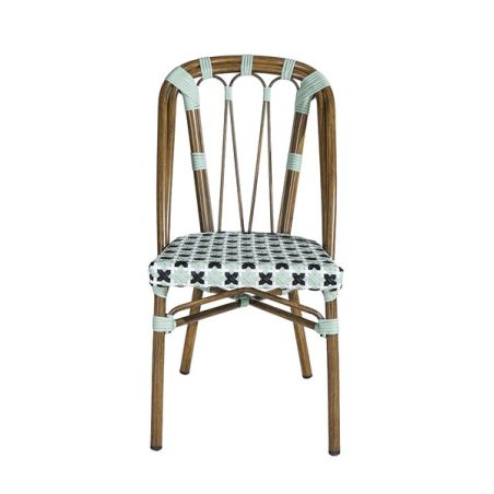 Chaise de terrasse AUTEUIL empilable d'extérieur - Aluminium effet bambou, polyéthylène vert pâle, noir & blanc