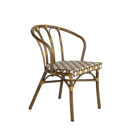 Fauteuil de terrasse CLICHY empilable d'extérieur - Aluminium effet bambou, polyéthylène camel, blanc & brun