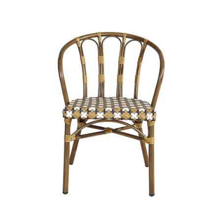 Fauteuil de terrasse CLICHY empilable d'extérieur - Aluminium effet bambou, polyéthylène camel, blanc & brun