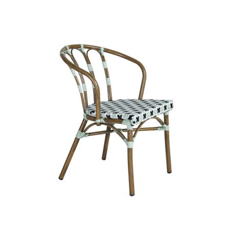 Fauteuil de terrasse CLICHY empilable d'extérieur - Aluminium effet bambou, polyéthylène vert pâle, noir & blanc