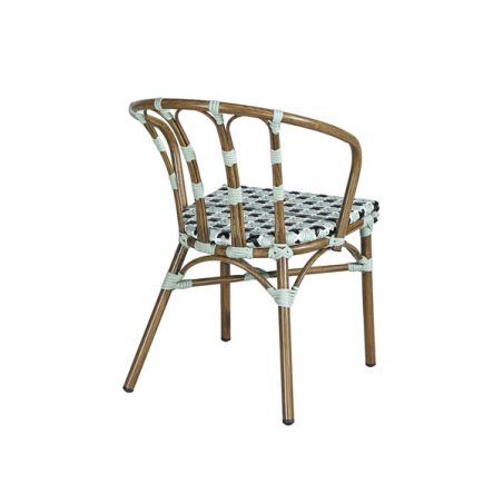 Fauteuil de terrasse CLICHY empilable d'extérieur - Aluminium effet bambou, polyéthylène vert pâle, noir & blanc