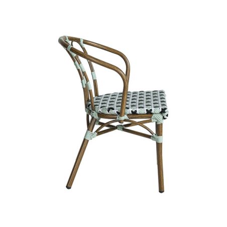 Fauteuil de terrasse CLICHY empilable d'extérieur - Aluminium effet bambou, polyéthylène vert pâle, noir & blanc