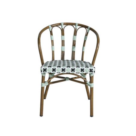 Fauteuil de terrasse CLICHY empilable d'extérieur - Aluminium effet bambou, polyéthylène vert pâle, noir & blanc