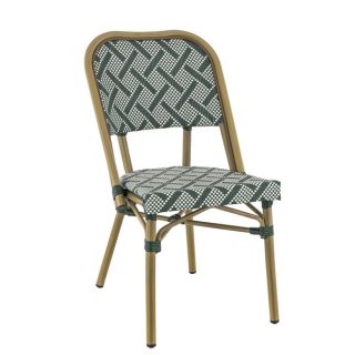 Chaise bistro ODEON empilable d'extérieur - Aluminium effet bambou clair, textilène crème & vert