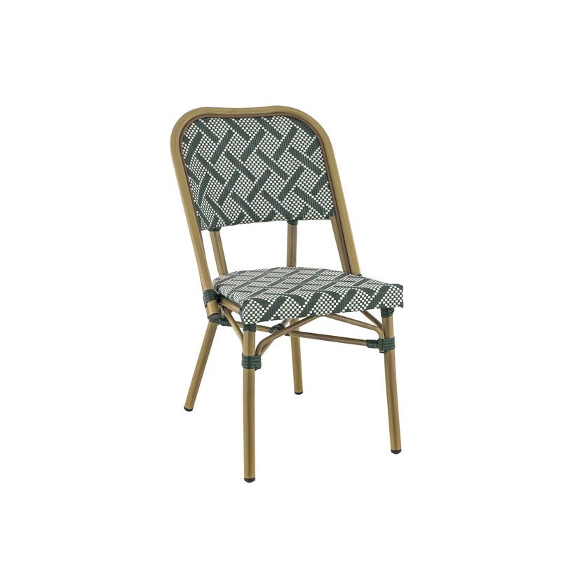 Chaise bistro ODEON empilable d'extérieur - Aluminium effet bambou clair, textilène crème & vert