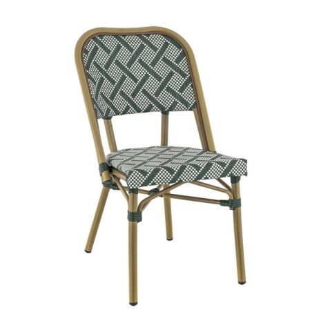 Chaise bistro ODEON empilable d'extérieur - Aluminium effet bambou clair, textilène crème & vert