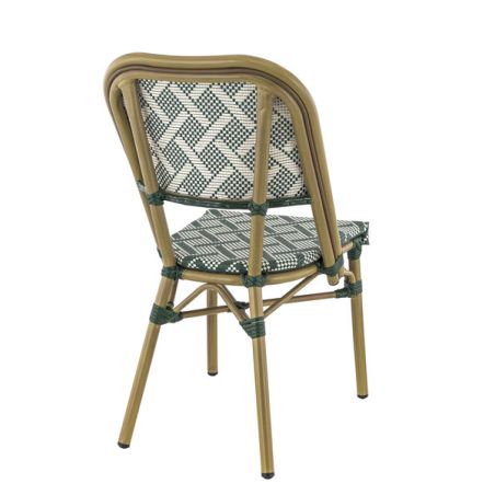 Chaise bistro ODEON empilable d'extérieur - Aluminium effet bambou clair, textilène crème & vert