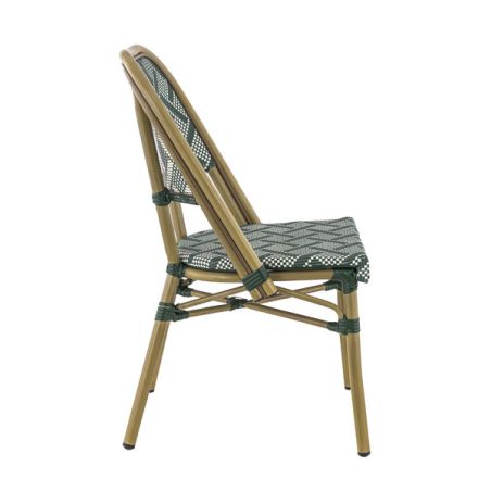 Chaise bistro ODEON empilable d'extérieur - Aluminium effet bambou clair, textilène crème & vert