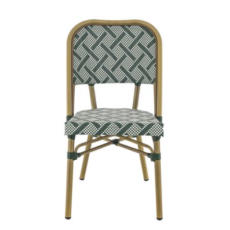 Chaise bistro ODEON empilable d'extérieur - Aluminium effet bambou clair, textilène crème & vert
