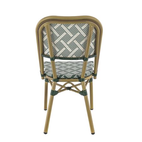Chaise bistro ODEON empilable d'extérieur - Aluminium effet bambou clair, textilène crème & vert